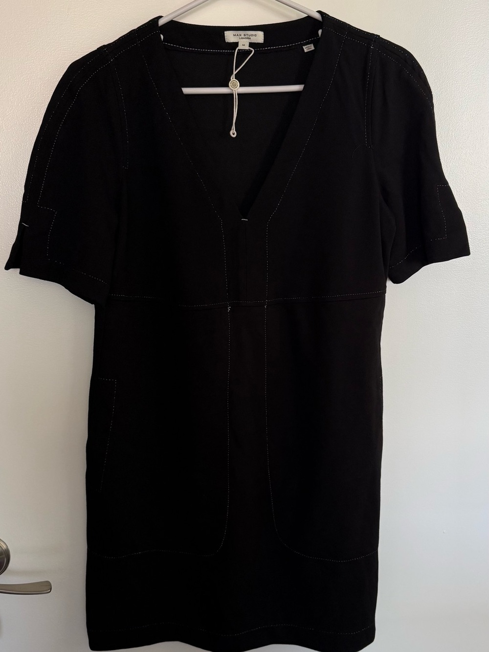 Max Studio Black Mini Dress with V-Neck and Contrast Stitching